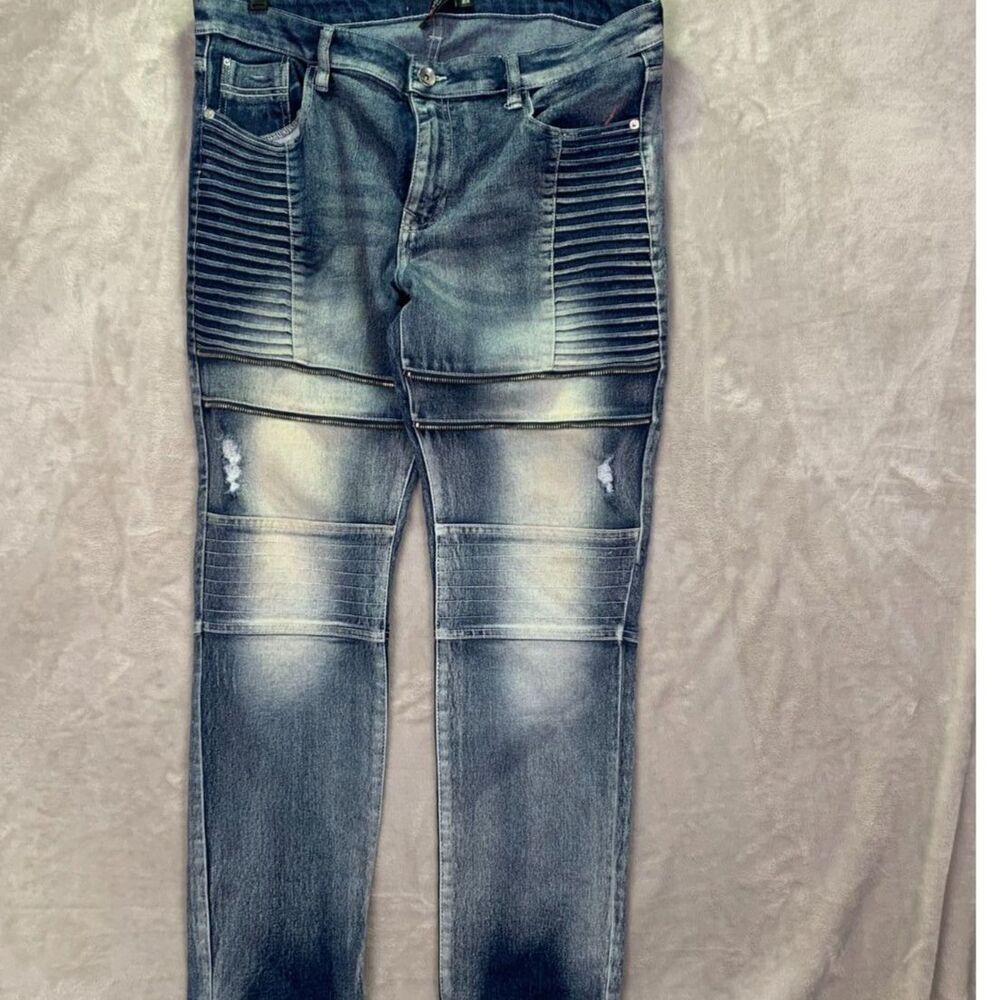 SOUTHPOLE MEN'S SIZE 36X30 Y2K SKINNY MOTO JEANS in DARK BLUE ACID WASH
